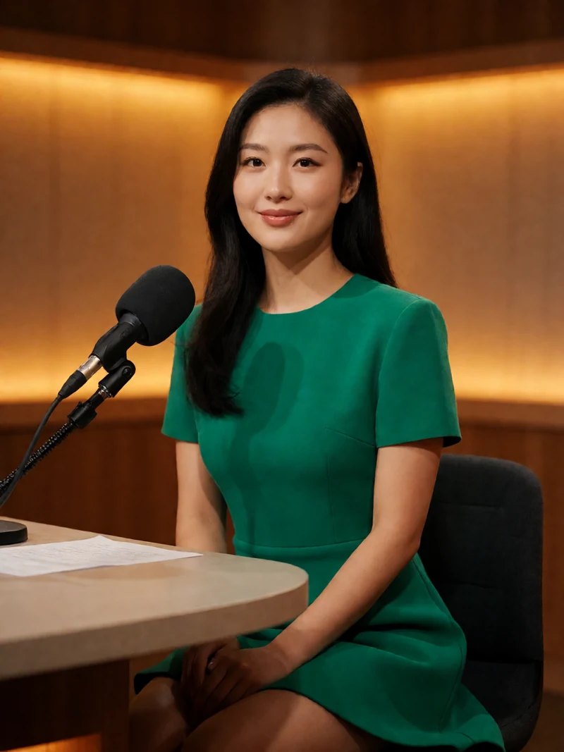虚构成年东亚女主播穿墨绿裙坐在直播访谈桌前